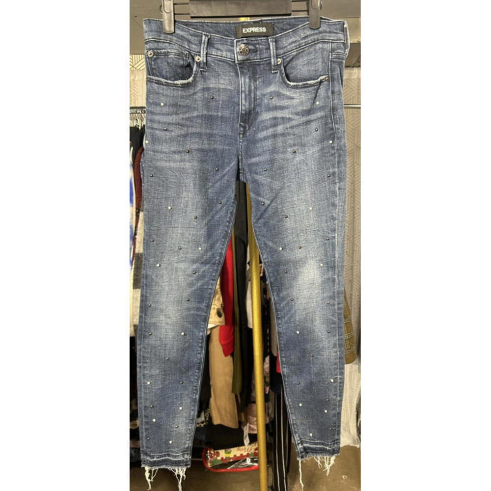 Express Woman's Dark Wash Jeans with Pearl Accents Size 4R Raw Hem